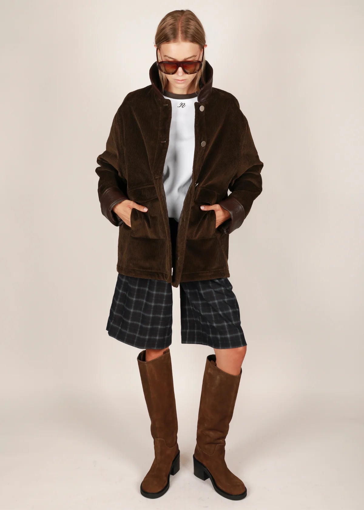 Boris Patted Coat - Khaki Corduroy/Leather