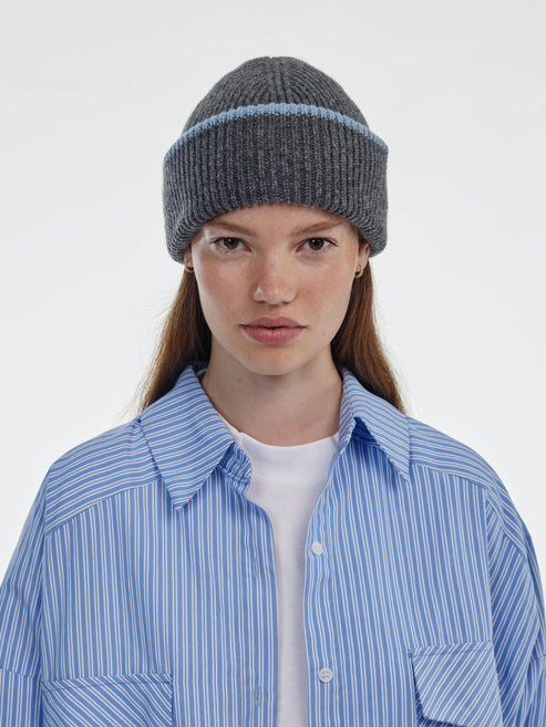 Soft Wool Tied Bonnet Hat - Dark Grey / Soft Blue