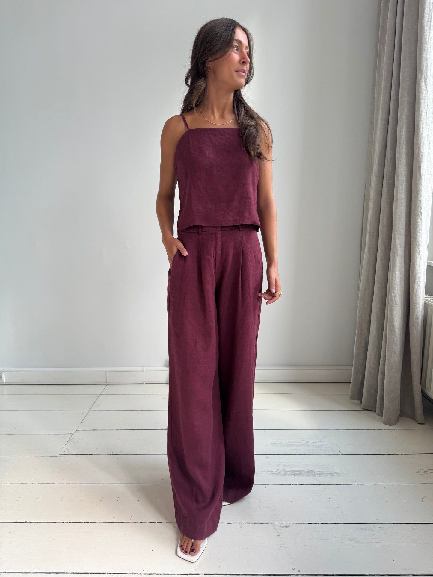 Logan Linnen Wide Leg Trousers - Burgundy