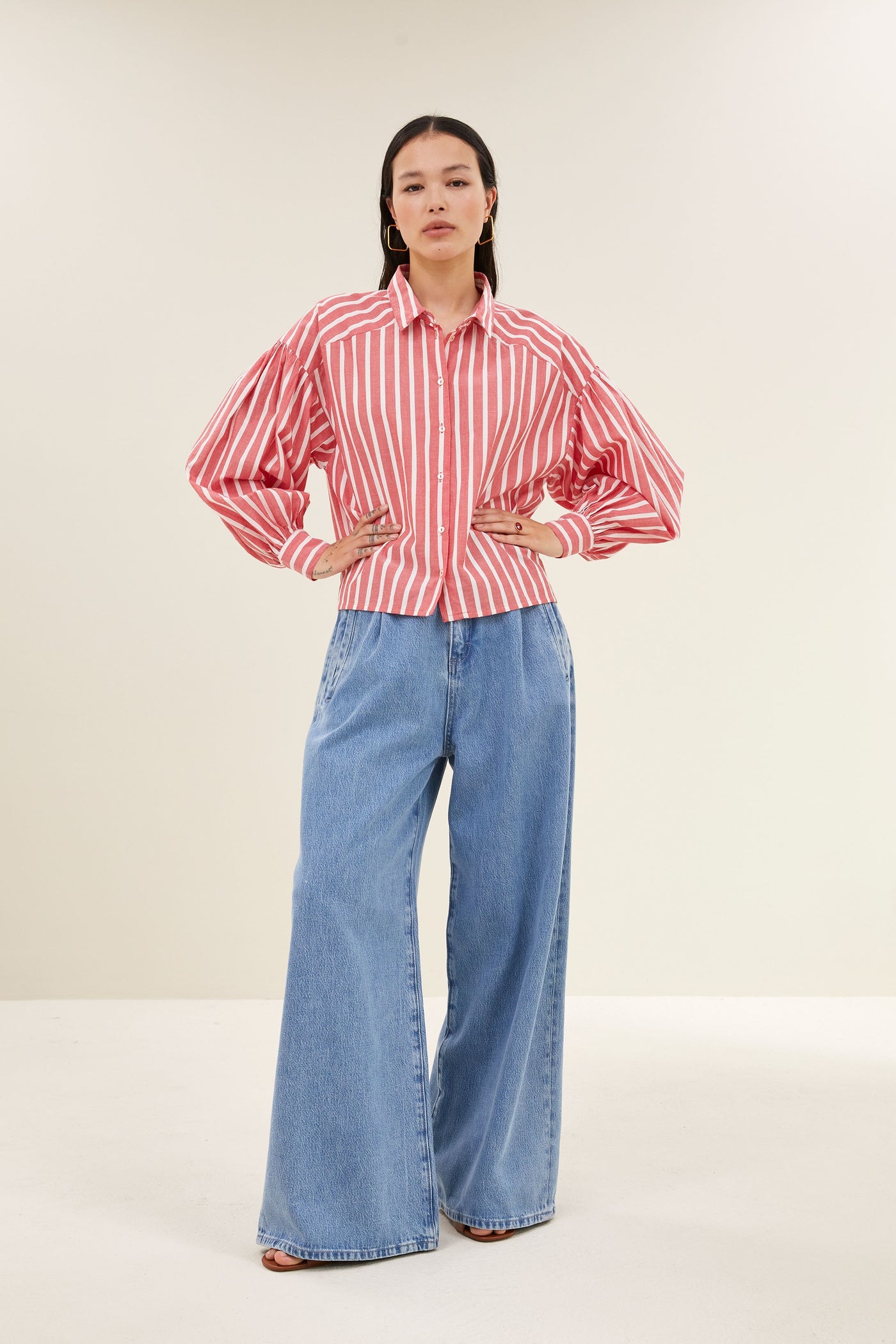 Sarah Short Stripe Blouse - Red Stripe