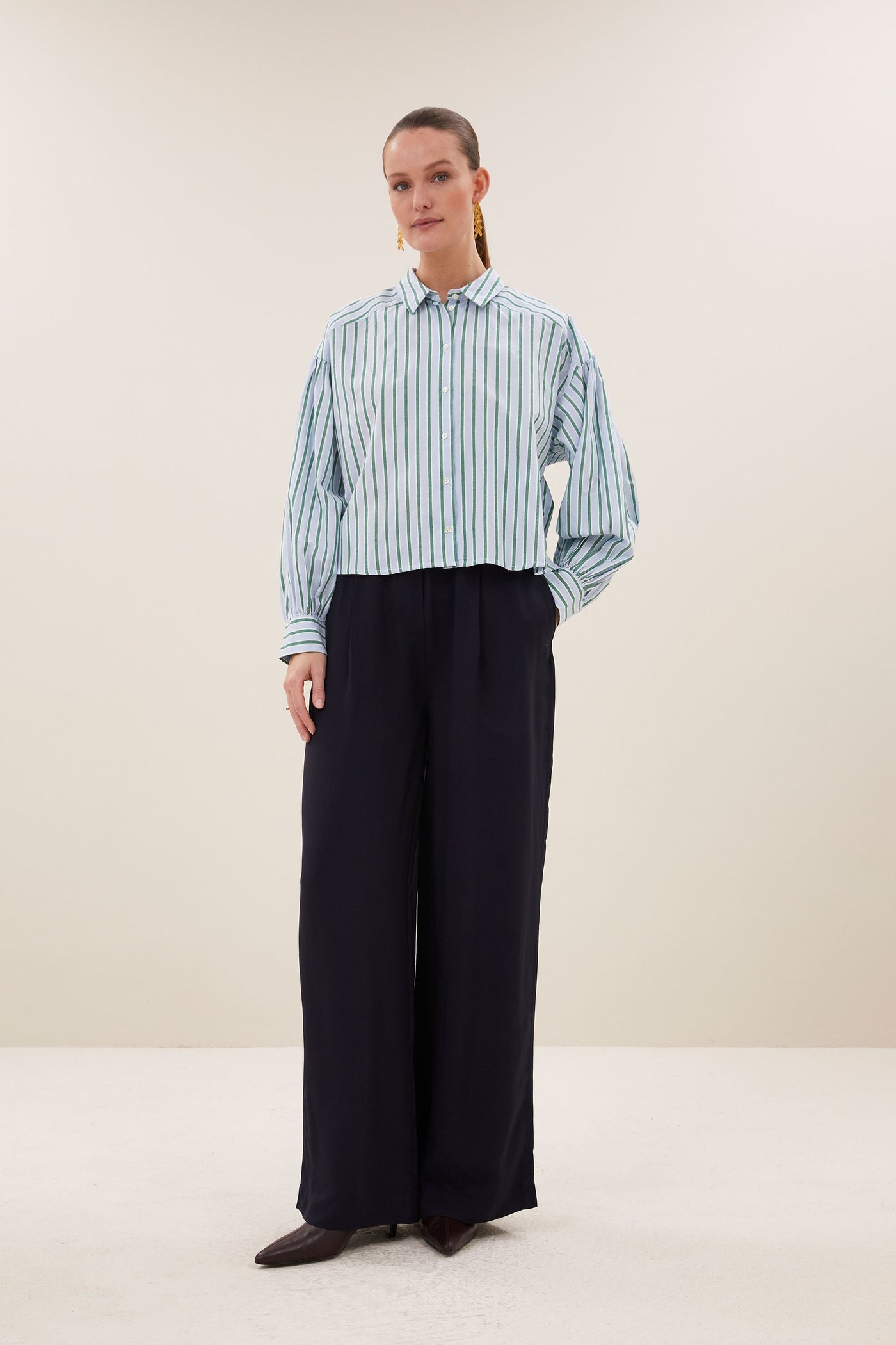 Sarah Short Blouse - Green Sea Stripe