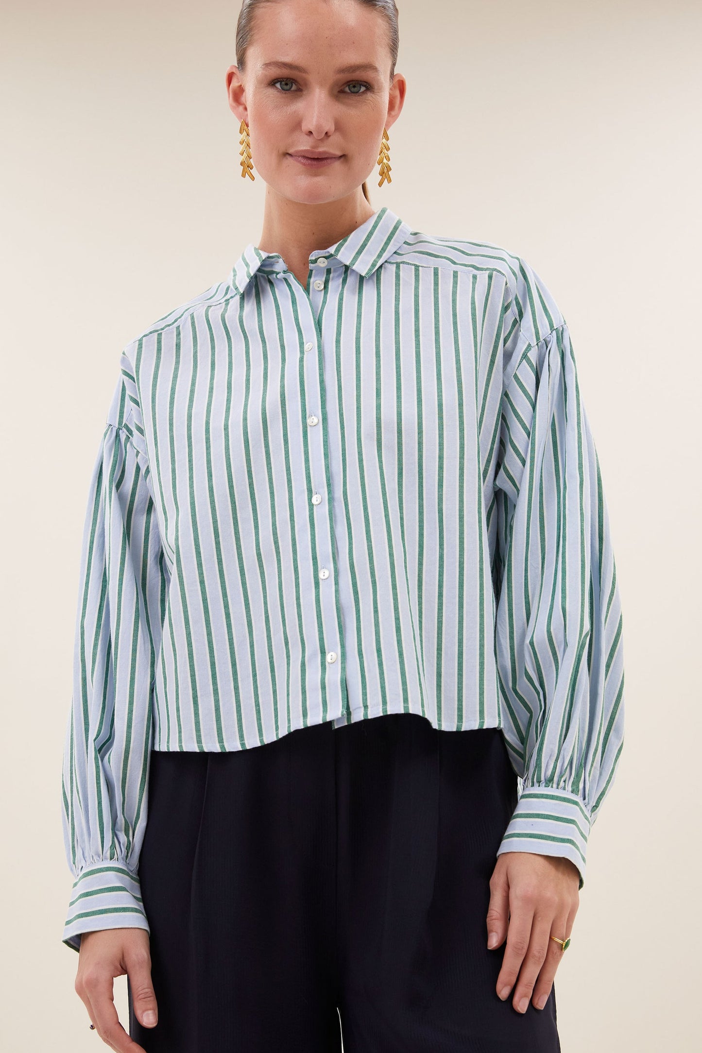 Sarah Short Blouse - Green Sea Stripe