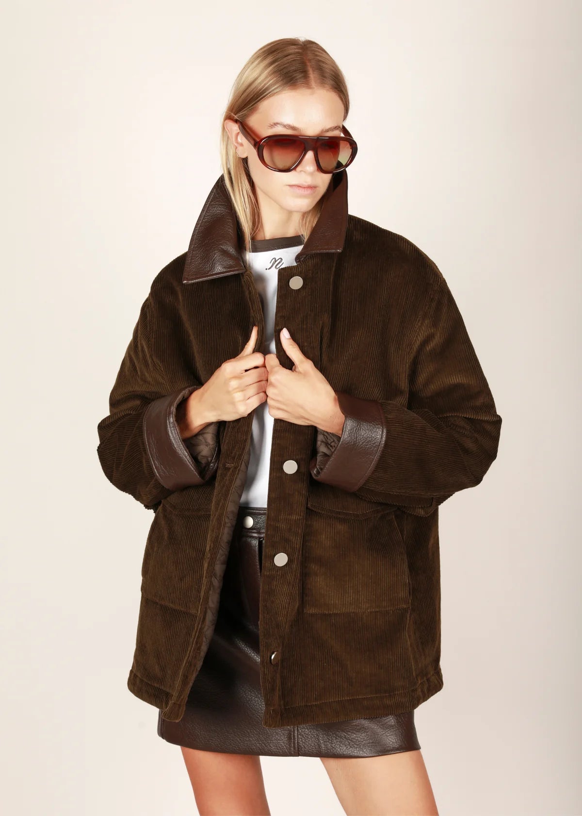 Boris Patted Coat - Khaki Corduroy/Leather