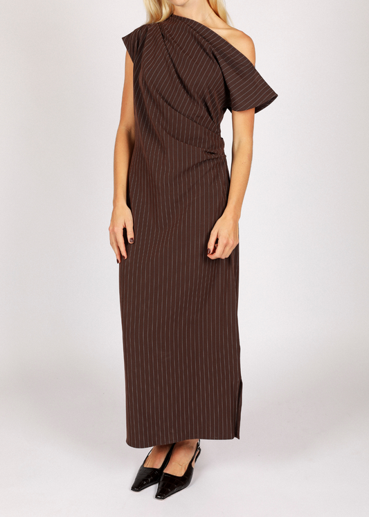 Blake Long Striped One Shoulder Dress - Dark Brown/ Beige