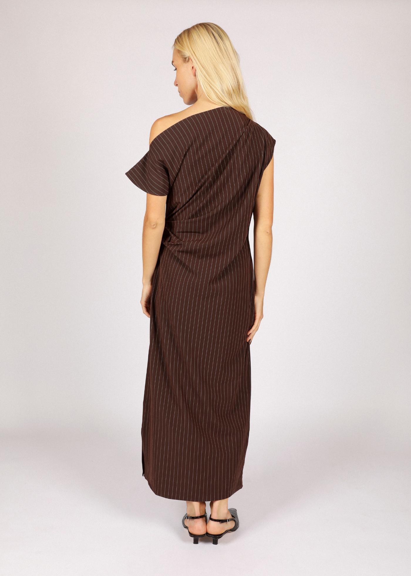 Blake Long Striped One Shoulder Dress - Dark Brown/ Beige