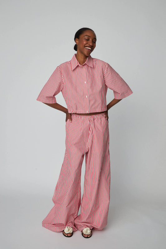 Cropped Striped Cotton Shirt - Red Stripes