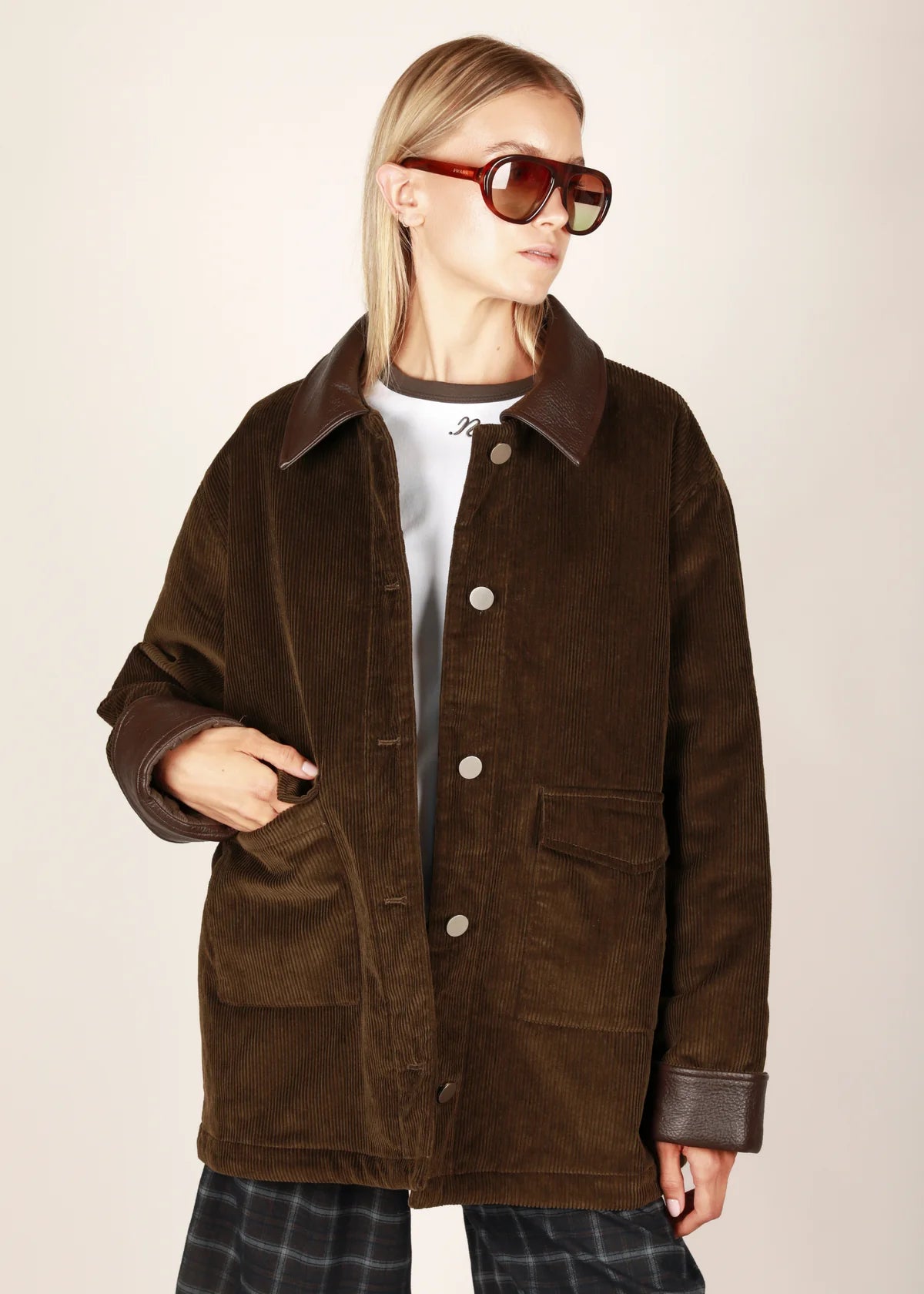 Boris Patted Coat - Khaki Corduroy/Leather