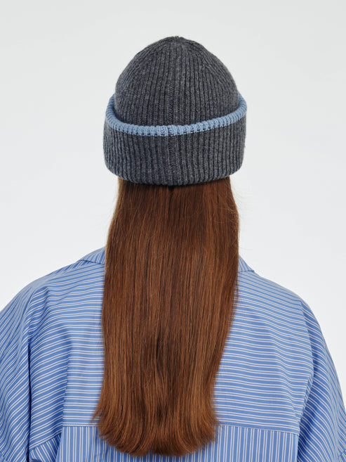 Soft Wool Tied Bonnet Hat - Dark Grey / Soft Blue