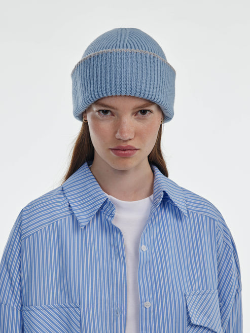 Chunky Soft Wool Beanie - Soft Blue Marl / Light Grey