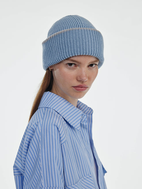 Chunky Soft Wool Beanie - Soft Blue Marl / Light Grey