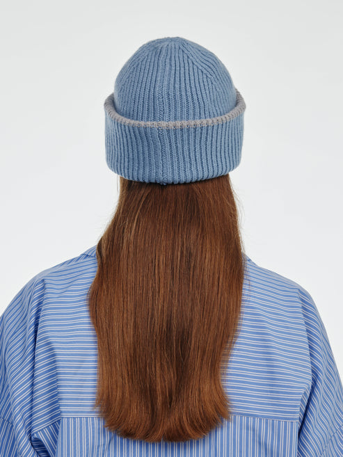 Chunky Soft Wool Beanie - Soft Blue Marl / Light Grey
