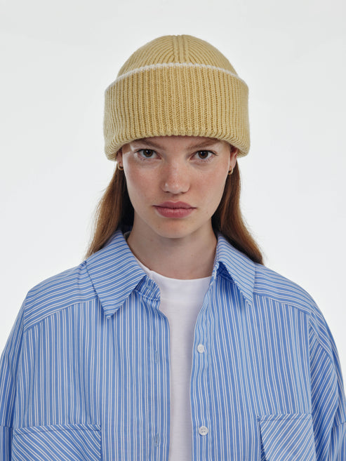 Chunky Soft Wool Beanie - Soft Yellow / Ecru