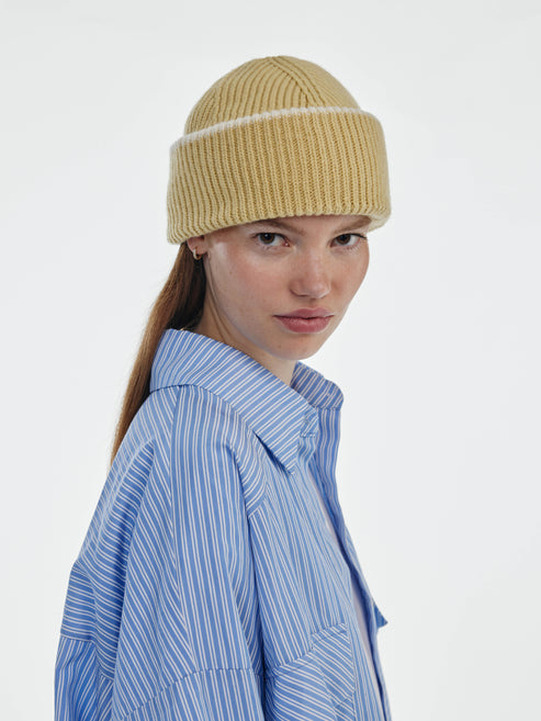 Chunky Soft Wool Beanie - Soft Yellow / Ecru