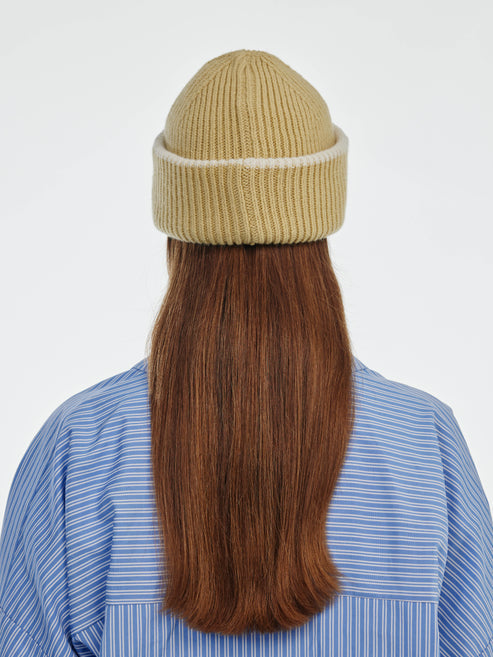 Chunky Soft Wool Beanie - Soft Yellow / Ecru