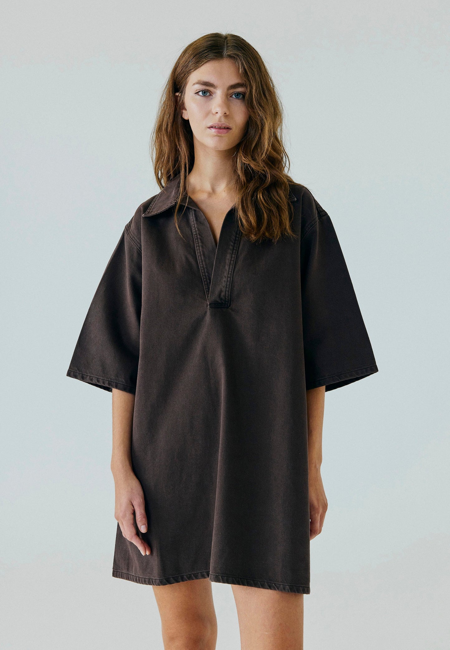 Hannali V-Neck Denim Dress - Brown Washed