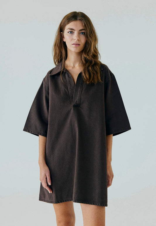 Hannali V-Neck Denim Dress - Brown Washed