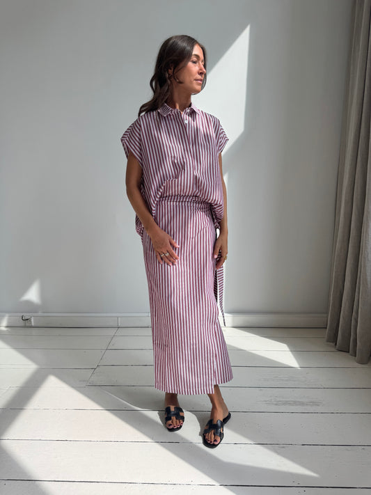 Alba Cap Sleeve Shirt - Pink Burgundy Stripes