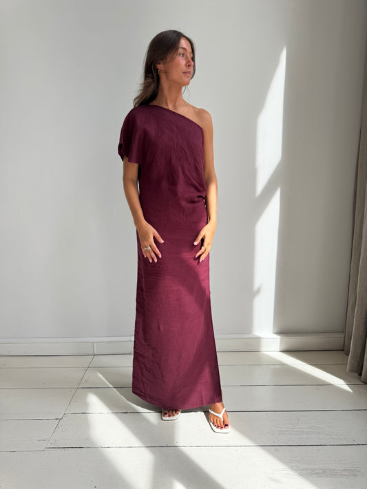 Sasha Half Shoulder Dress - Burgundy