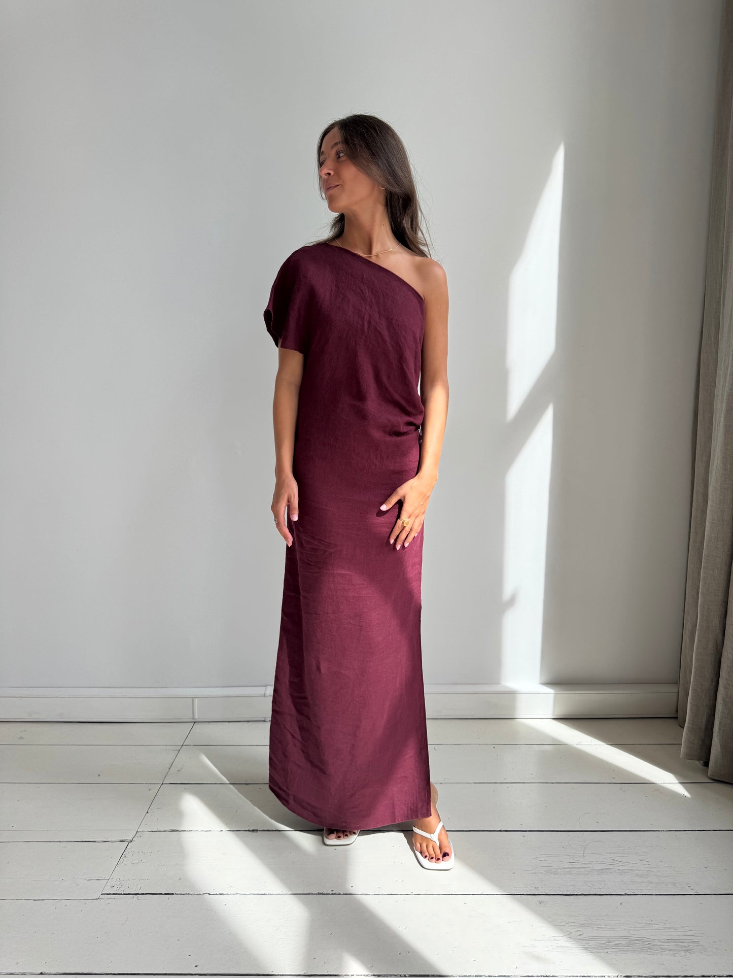 Sasha Half Shoulder Dress - Burgundy