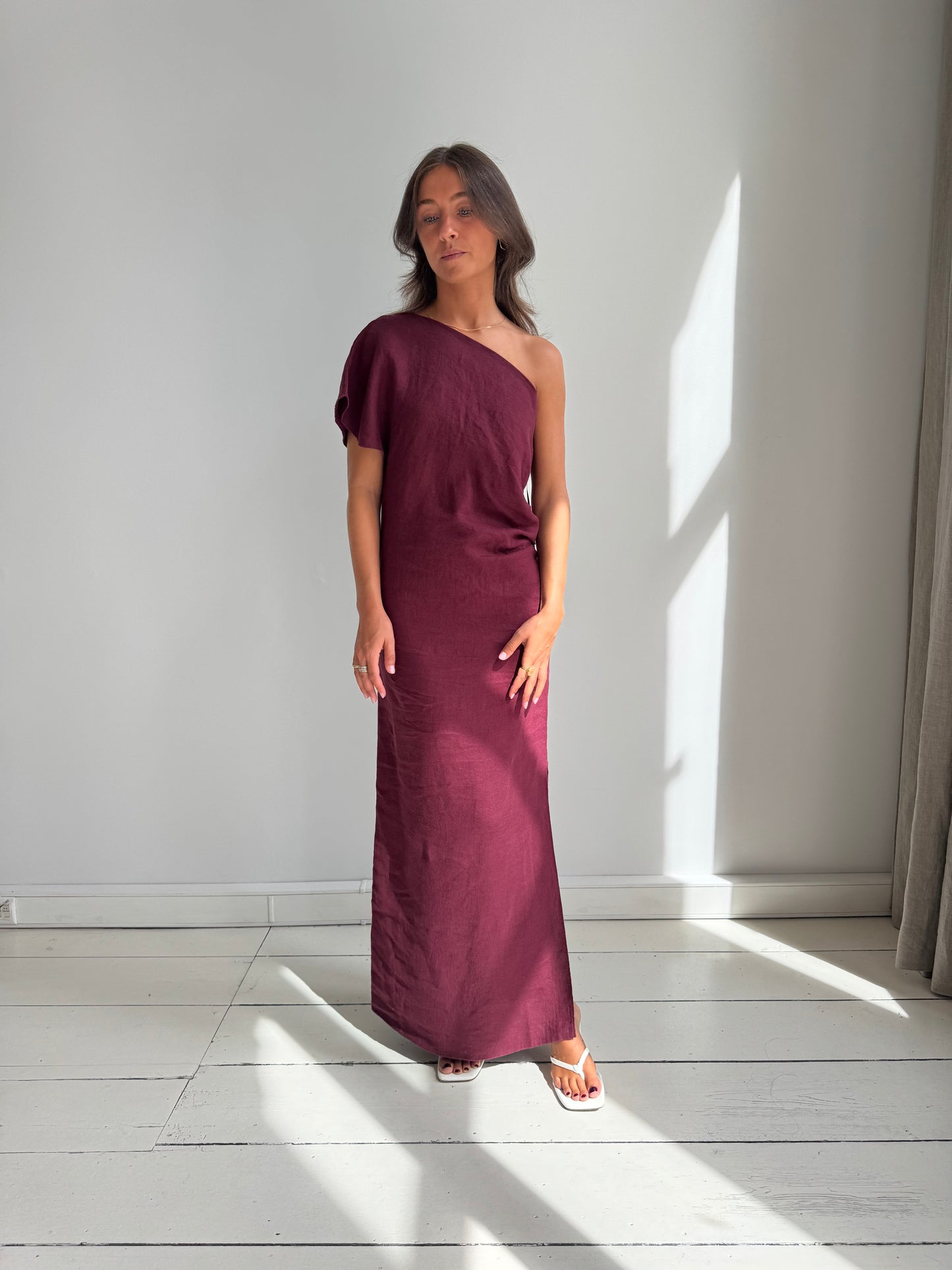 Sasha Half Shoulder Dress - Burgundy