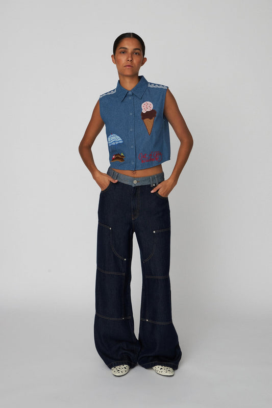 Out of Office Embroidered Top - Summer Blue