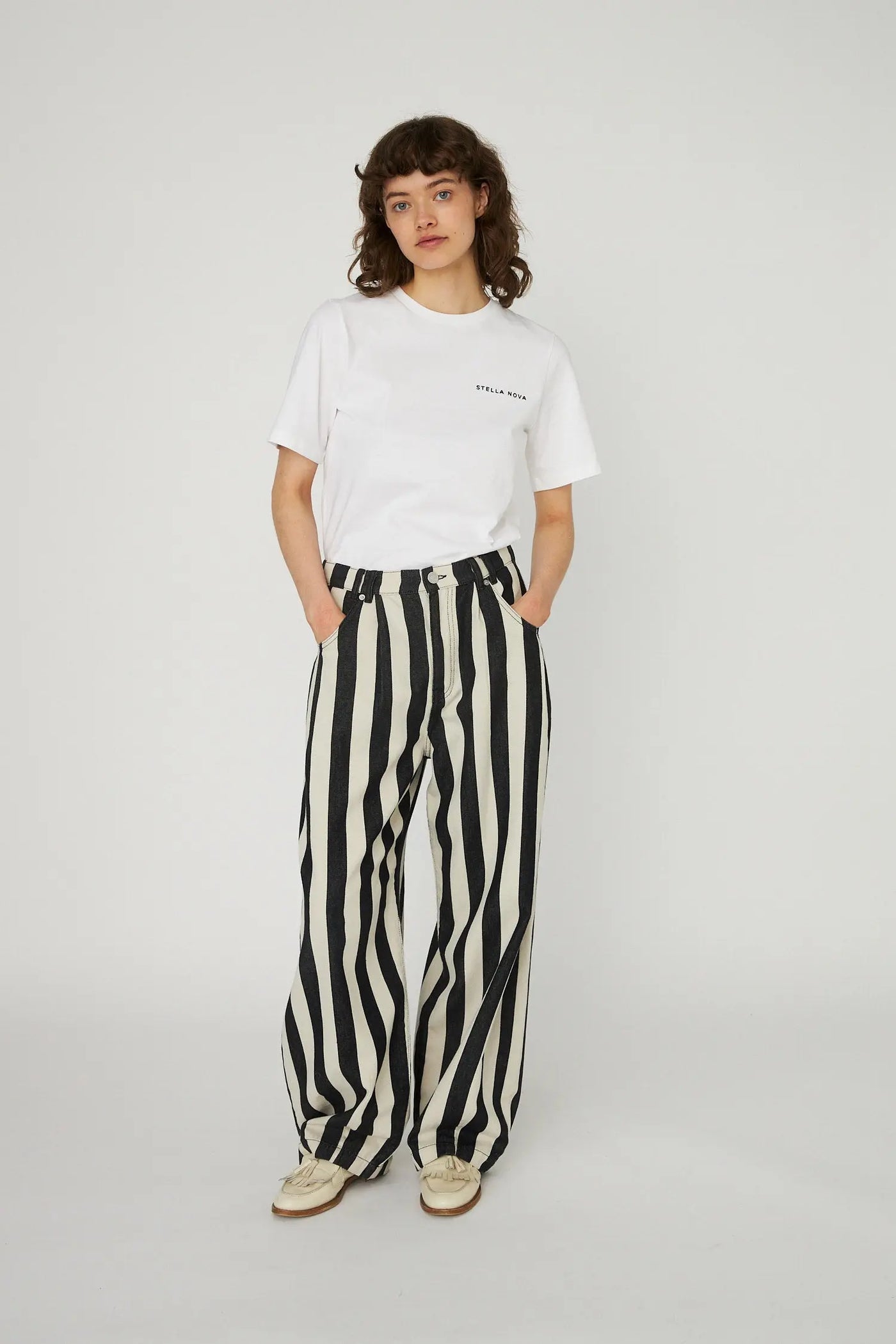 Striped Baggy Low Waist Pants - Black/Creme